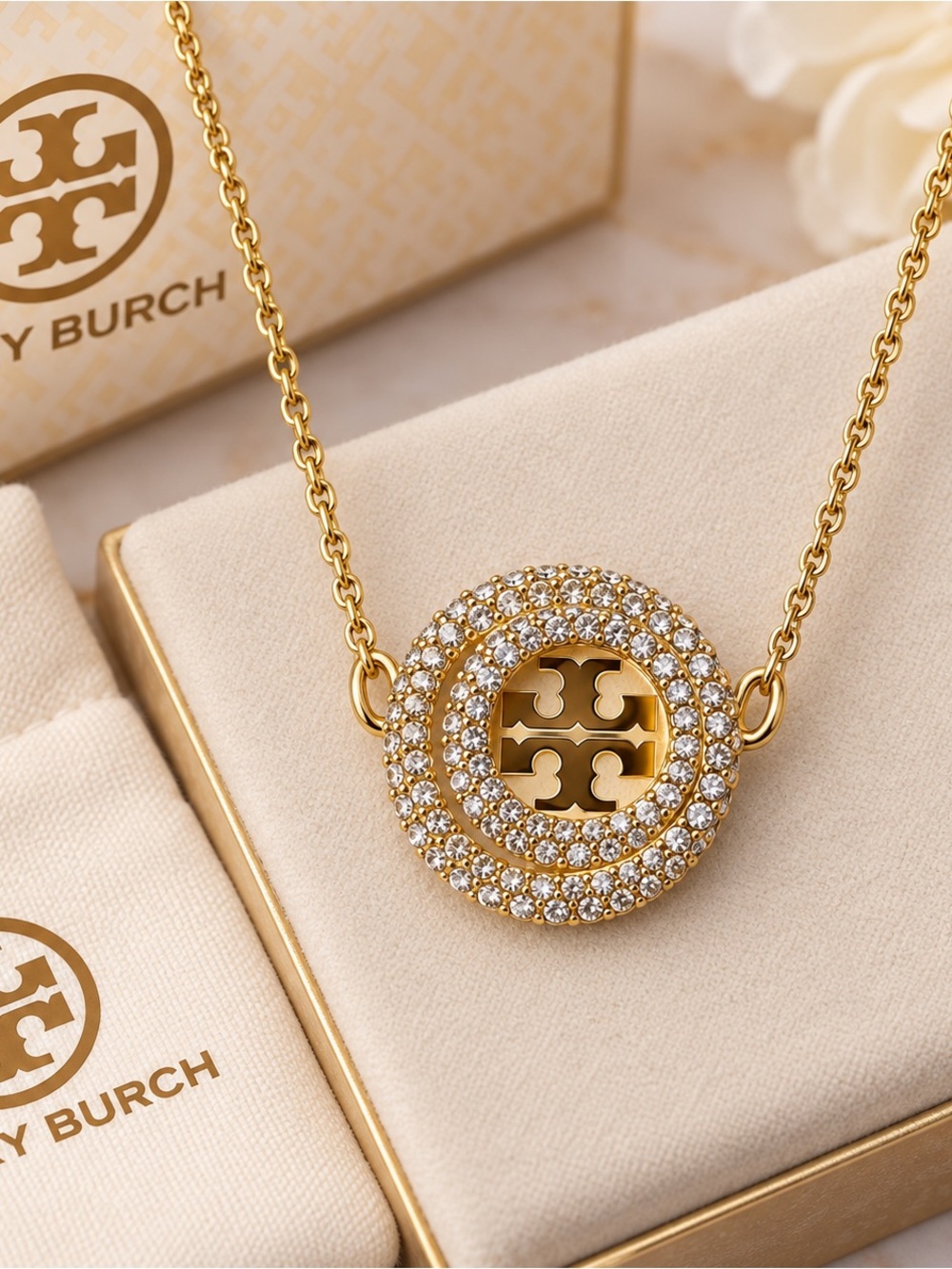 Tory Burch Gold-Tone Double Circle Pendant Necklace with Clear Crystals